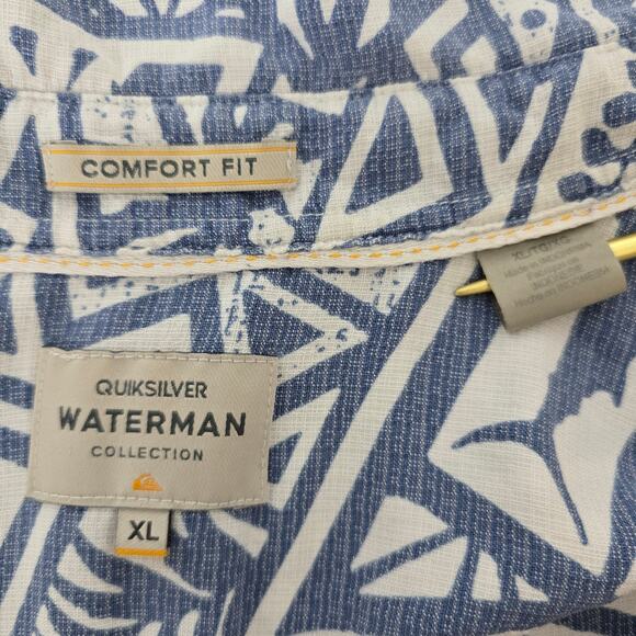 Quiksilver Waterman Shirt Shark Wave Geo Print Short Sleeve XL Comfort fit Blue - Picture 11 of 12